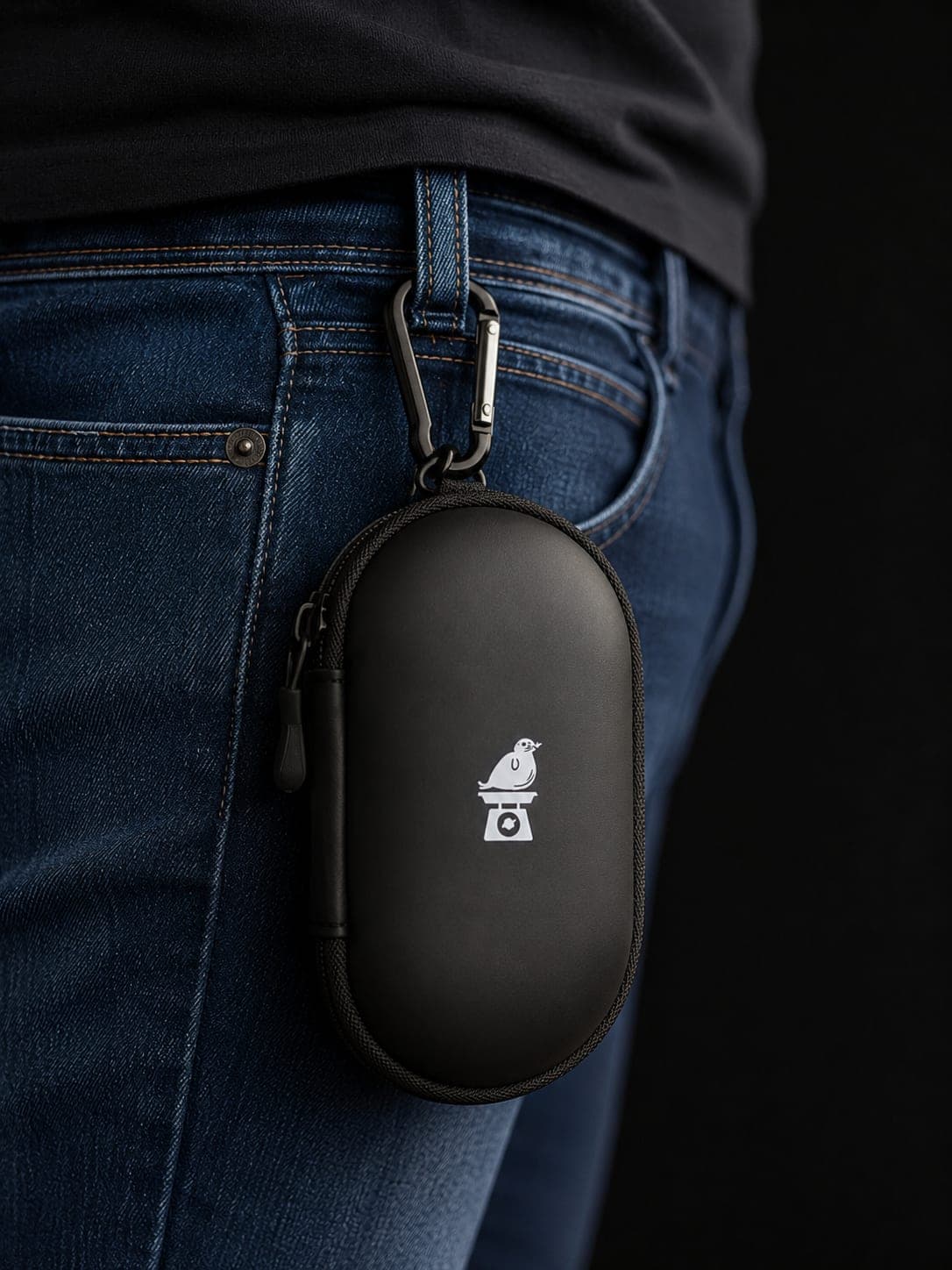 Zippered Seal Scale travel case clipped by its carabiner to a jeans belt loop for carrying the container on the go