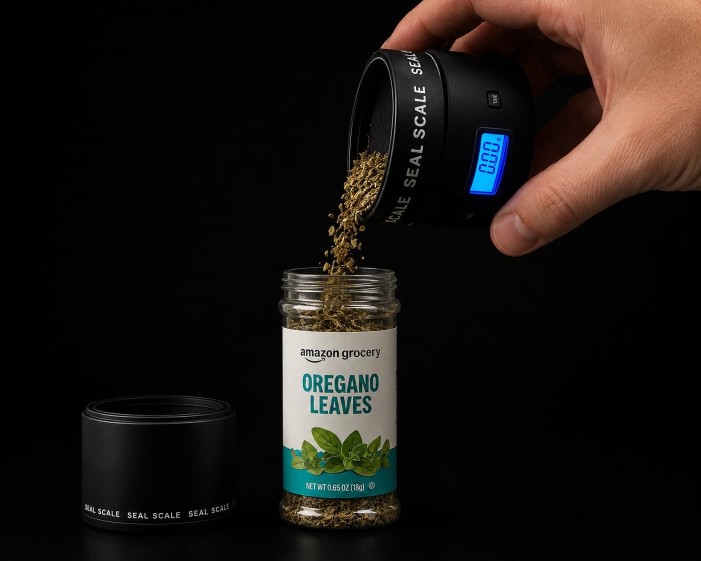 Tipping contents out of the Seal Scale container into a spice jar while the auto-tare display tracks the amount dispensed