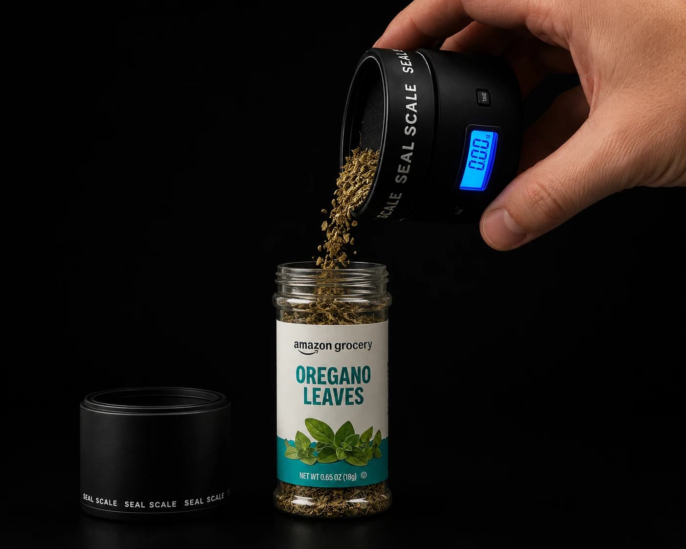 Tipping contents out of the Seal Scale container into a spice jar while the auto-tare display tracks the amount dispensed