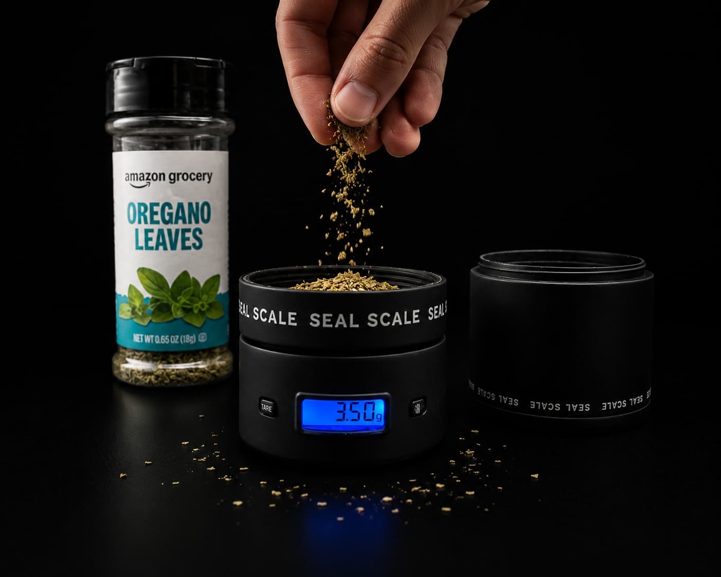 Detachable Seal Scale milligram base weighing loose herb to 3.50 g, the empty airtight container twisted off beside it