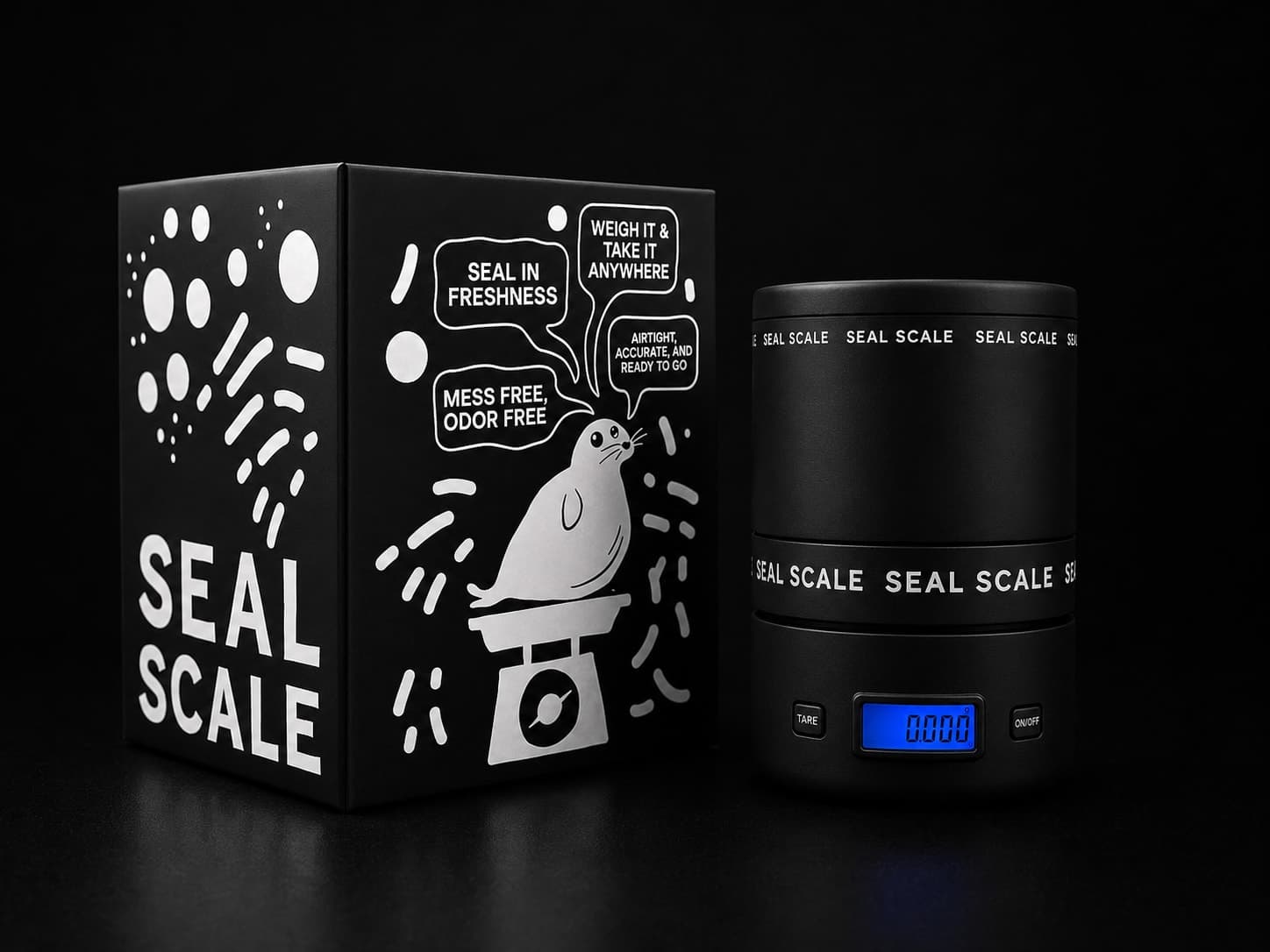 Matte-black Seal Scale airtight container on its milligram scale base reading 0.00 g, next to its printed retail box