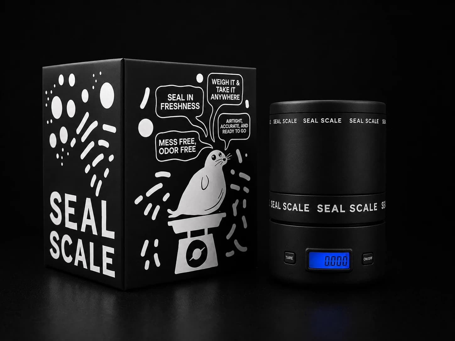 Matte-black Seal Scale airtight container on its milligram scale base reading 0.00 g, next to its printed retail box