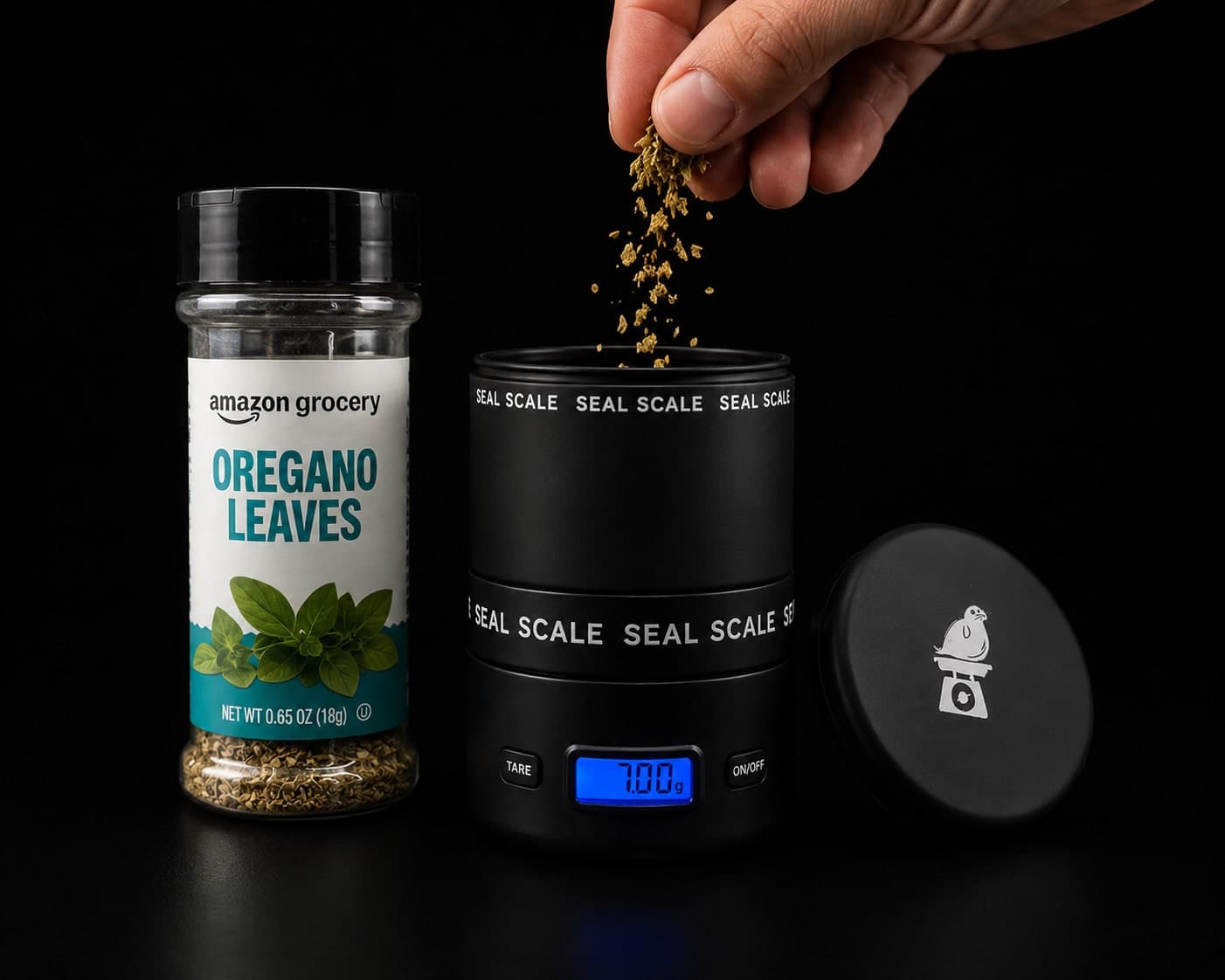 Hand sprinkling dried herb into the Seal Scale container, lid off, the built-in milligram scale display reading 7.00 g
